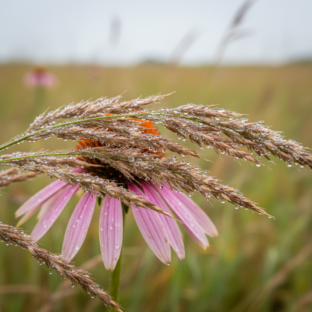 An intimate macro photograph of a morning dew-covered Illinois native prairie, focusing on a cluster of little bluestem blades and seed heads interwoven with the drooping petals of a pale purple coneflower. Tiny water droplets cling to every surface, refracting hints of the surrounding meadow in miniature. The background dissolves into creamy green and amber bokeh, suggesting a larger, wild landscape beyond. Soft, overcast sky light provides even, diffused illumination, enhancing fine textures in the grasses without harsh contrast. Shot from a very low angle at plant level, the composition draws the viewer into the microcosm of the prairie. The mood is tranquil and introspective, with photographic realism and an elegant, nature-documentary aesthetic.