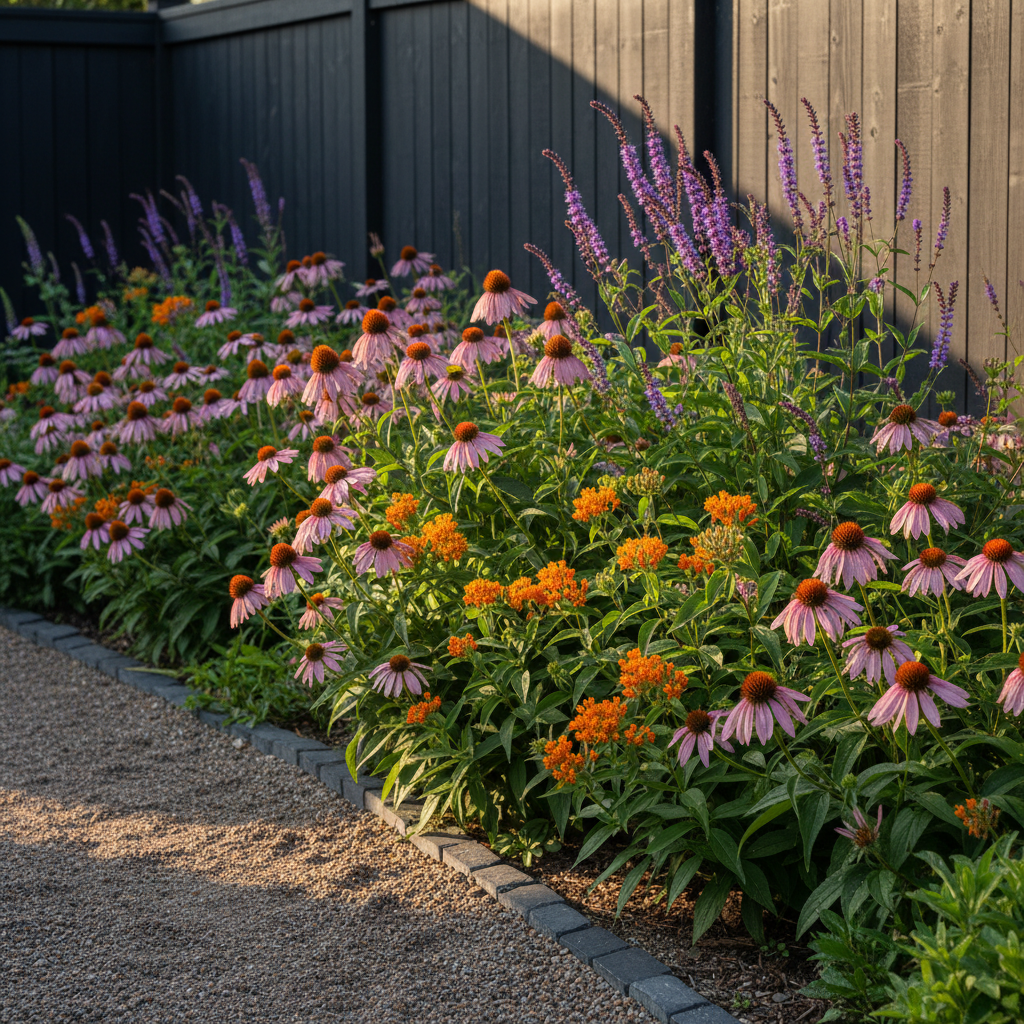 A refined garden vignette showcasing a compact native prairie border beside a dark charcoal-painted wooden fence, filled with blooming Illinois wildflowers such as pale purple coneflower, butterfly weed, and prairie blazing star. The plants are lush, layered by height and texture, with dew-kissed foliage and seed heads just beginning to form. Late afternoon golden-hour sunlight enters from the right, grazing the flower tops and casting elongated, elegant shadows across a narrow crushed-gravel path. Captured at eye level with a slightly compressed perspective, the background gently blurs, emphasizing the interplay of colors and forms. The mood is serene, cultivated, and subtly luxurious, with photographic realism and a modern, estate-garden aesthetic.