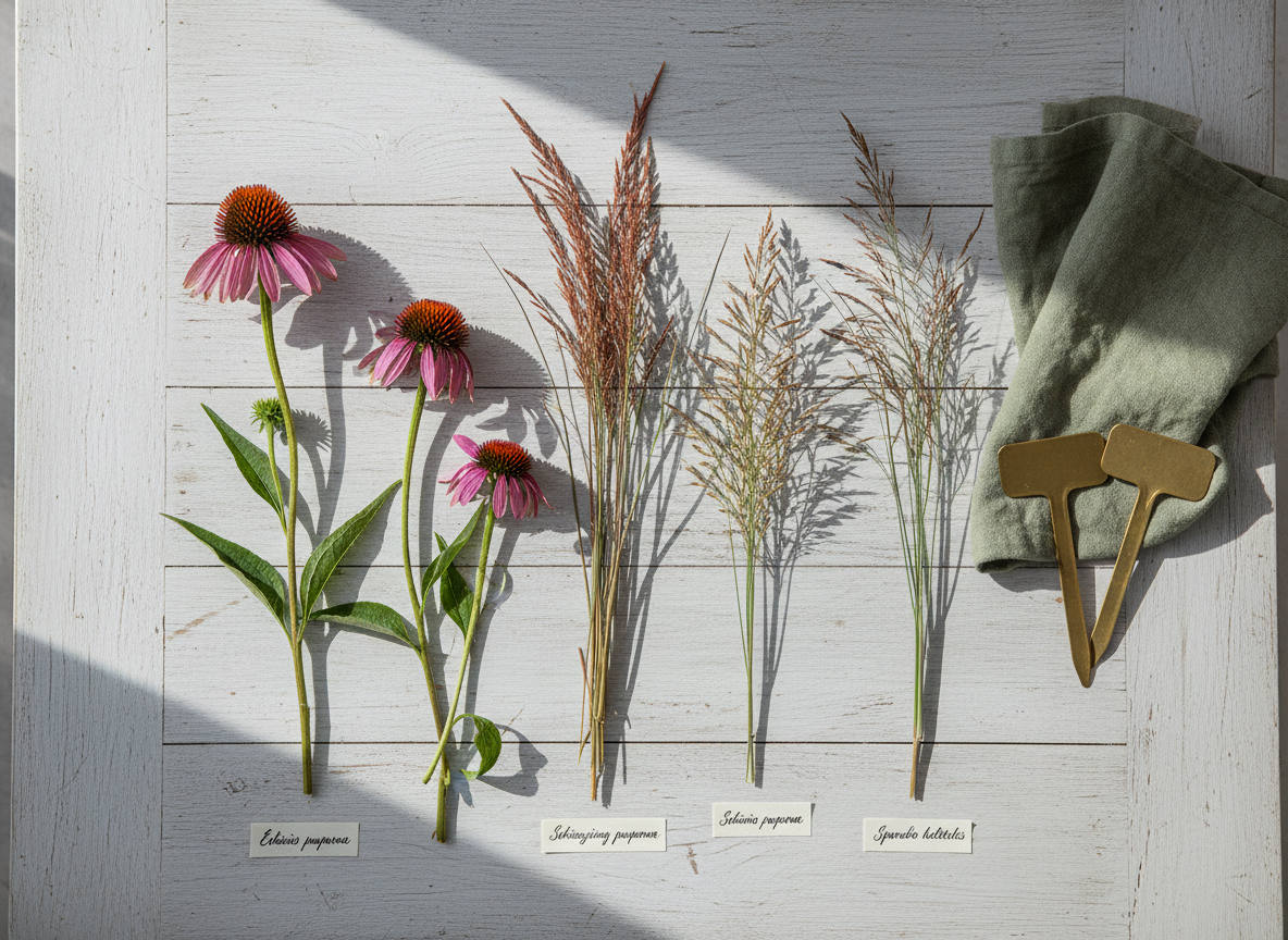 A meticulously arranged flat lay of Illinois native plants on a weathered, pale-gray wooden table, featuring labeled botanical specimens such as purple coneflower, little bluestem, and prairie dropseed. Each stem and seed head is fresh, with crisp textures and natural imperfections, resting beside a neatly folded linen garden cloth and a pair of antique brass plant markers. Soft, diffused morning light from an unseen window to the left creates gentle shadows and subtle highlights on veins and seed capsules. Photographed from a true overhead bird’s eye view with sharp focus throughout, the composition feels curated yet organic, evoking a sophisticated, archival botanical mood in clean photographic realism.
