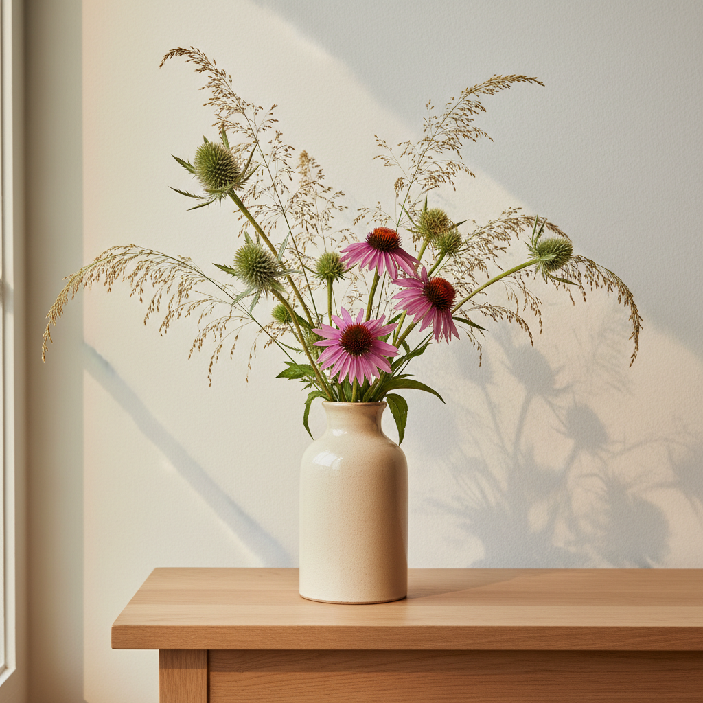 A close-up, highly detailed portrait of a single Illinois prairie plant arrangement in a tall, matte-cream ceramic vase, featuring stems of rattlesnake master, prairie dropseed, and purple coneflower artfully arranged. The vase sits on a smooth, light oak console table against a soft, warm white plaster wall. Gentle north-facing window light bathes the scene from the left, creating delicate highlights on the vase’s subtle texture and a graceful shadow silhouette of the arrangement on the wall. Photographed at eye level with a shallow depth of field, the vase and stems are in crisp focus while the background melts into a soft blur. The atmosphere is calm, minimal, and sophisticated, with photographic realism and a quiet, gallery-like interior styling.